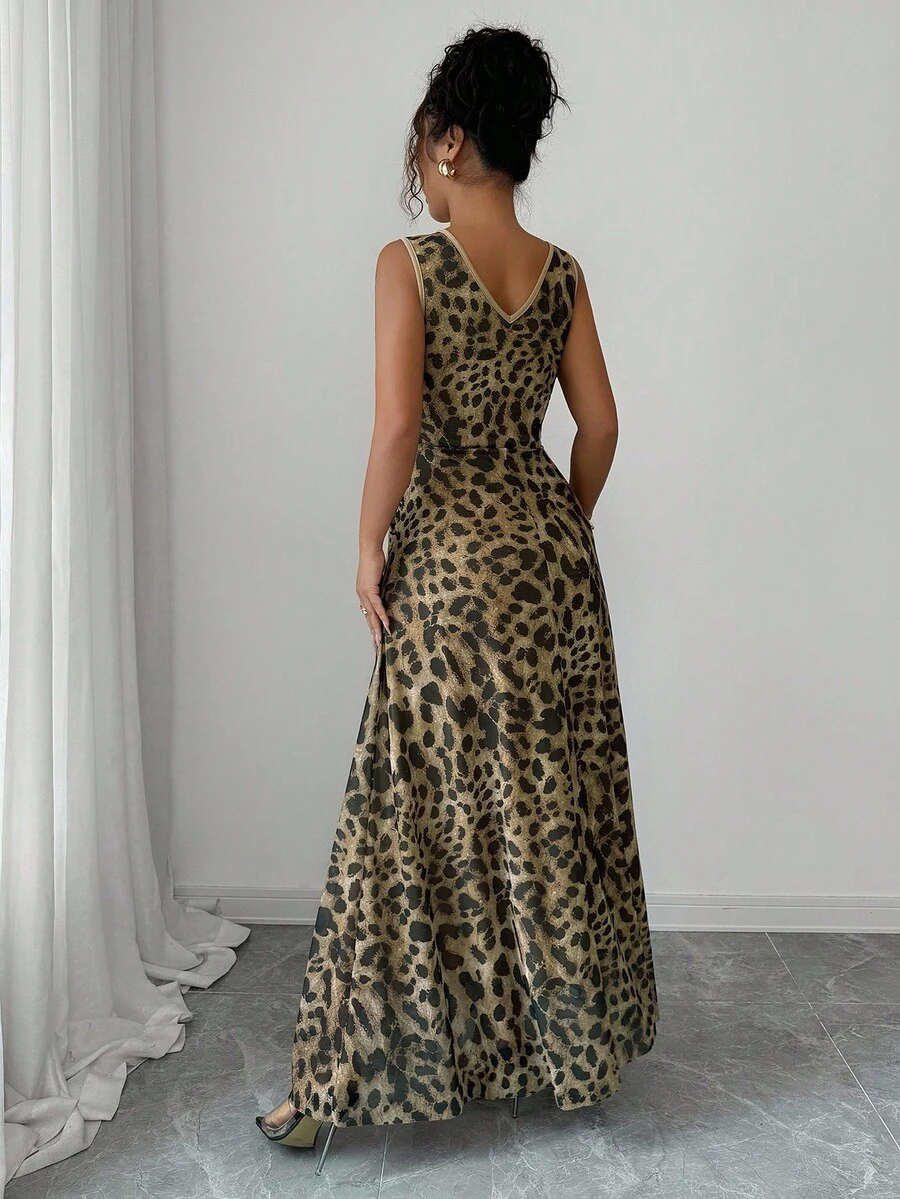 Elegancka i świeża, kwiatowa siateczka w kolorze morelowym, z okrągłym dekoltem i ściągaczem w kształcie litery A, długa sukienka bez rękawów dla kobiet