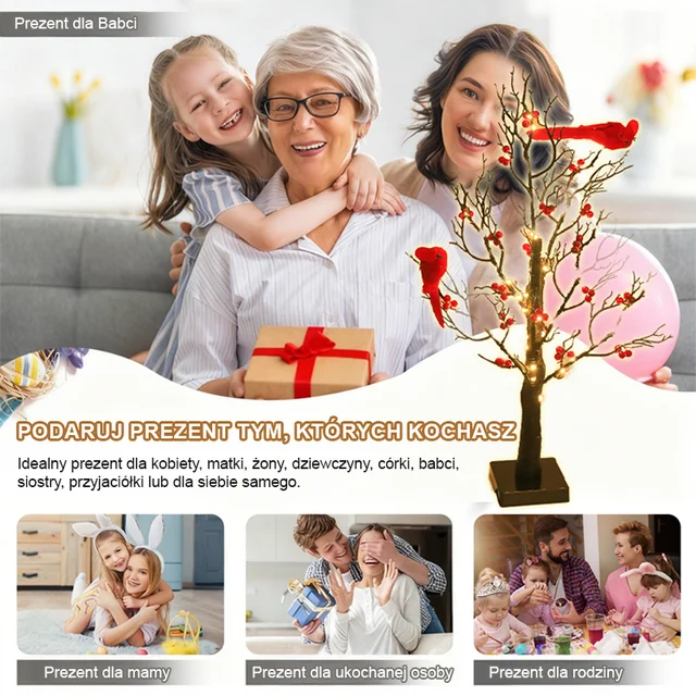 Mały czerwony ptaszek LED z czerwonymi jagodami na dekoracyjnym drzewku