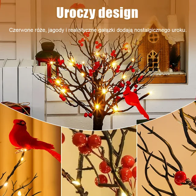 Mały czerwony ptaszek LED z czerwonymi jagodami na dekoracyjnym drzewku