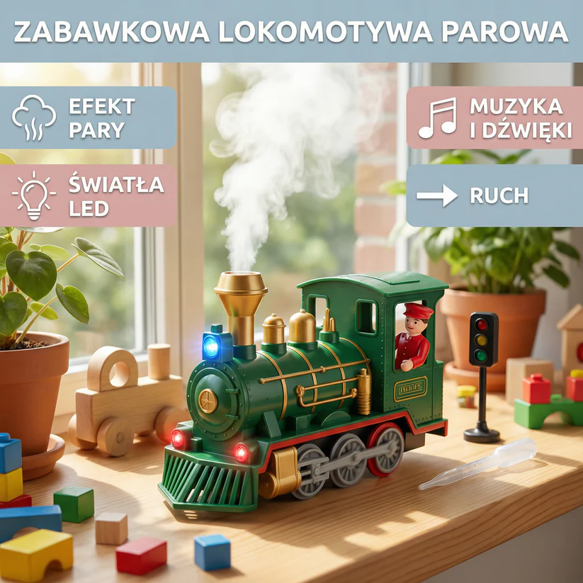 Urocza zabawkowa lokomotywa parowa z światłem, muzyką i efektem pary
