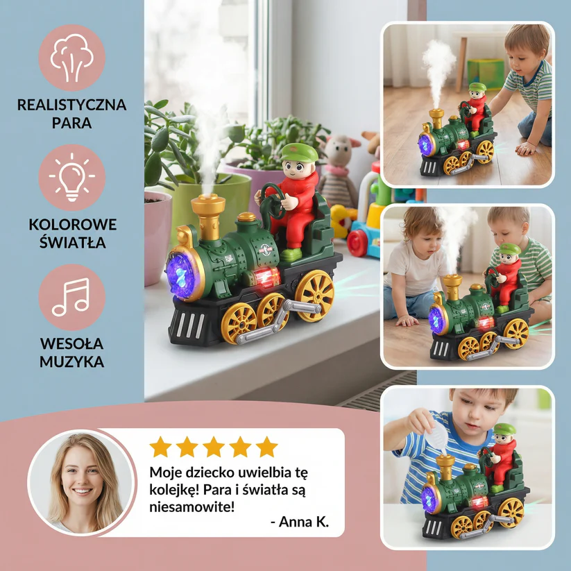 Urocza zabawkowa lokomotywa parowa z światłem, muzyką i efektem pary