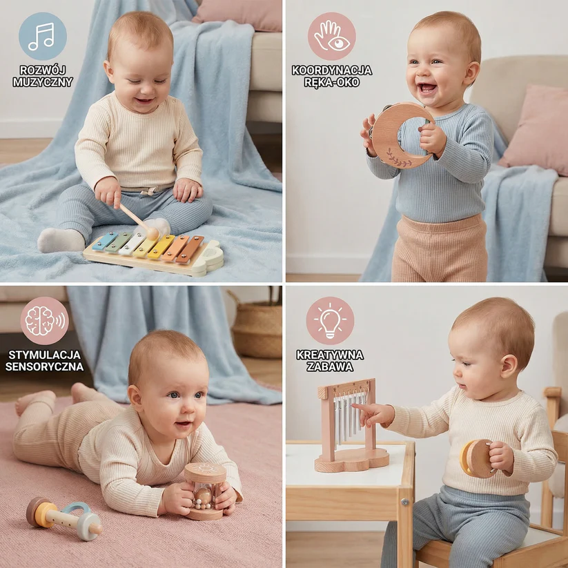 Drewniany zestaw instrumentów dla niemowląt – 6-elementowa sensoryczna zabawka muzyczna i dźwiękowa
