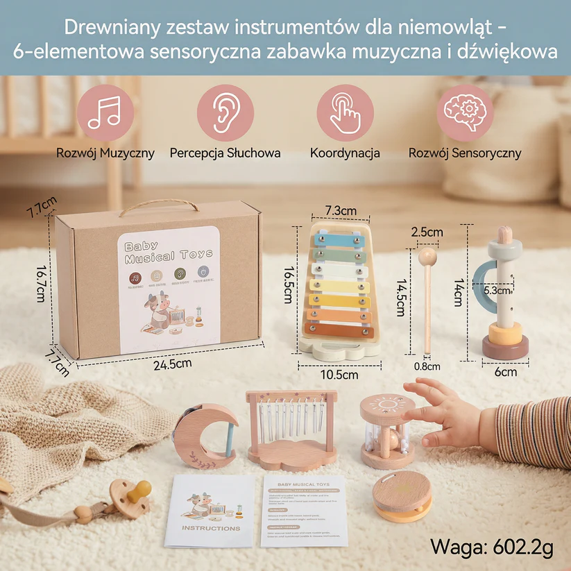 Drewniany zestaw instrumentów dla niemowląt – 6-elementowa sensoryczna zabawka muzyczna i dźwiękowa