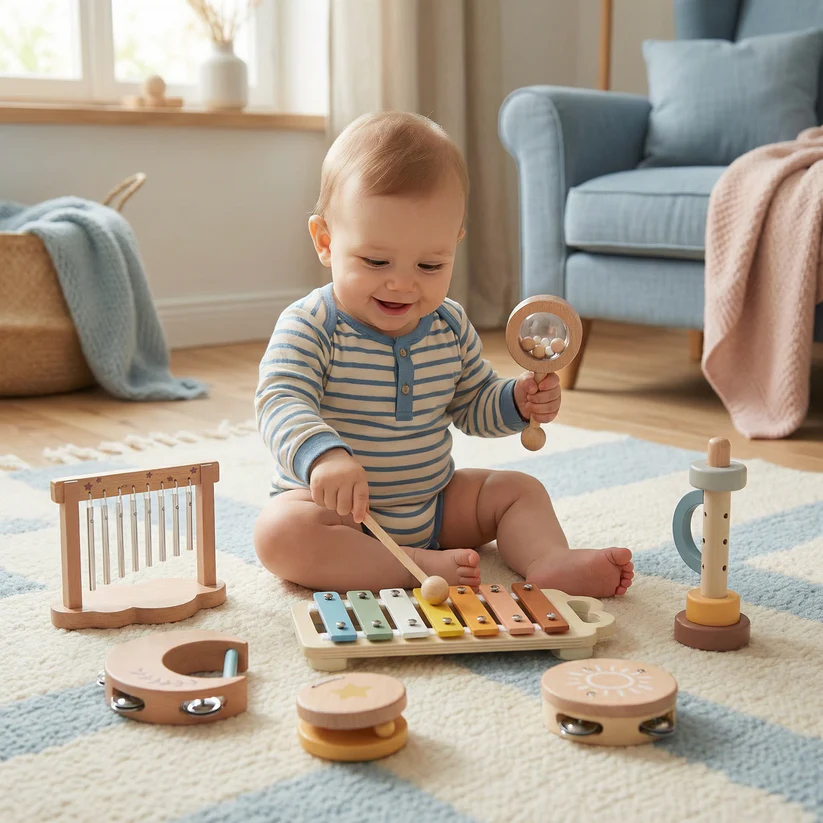 Drewniany zestaw instrumentów dla niemowląt – 6-elementowa sensoryczna zabawka muzyczna i dźwiękowa