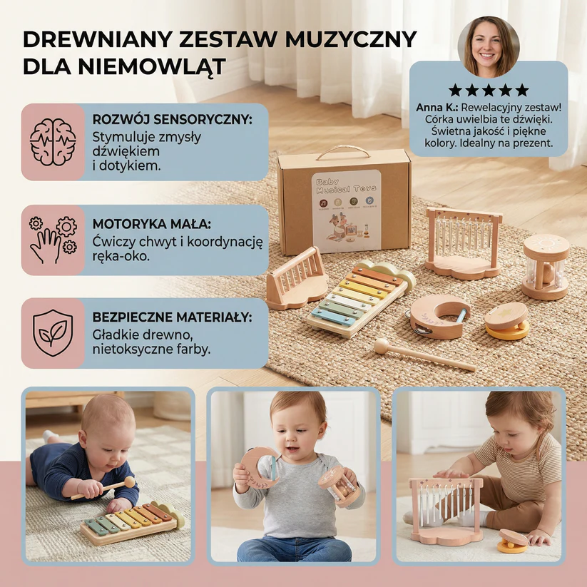Drewniany zestaw instrumentów dla niemowląt – 6-elementowa sensoryczna zabawka muzyczna i dźwiękowa