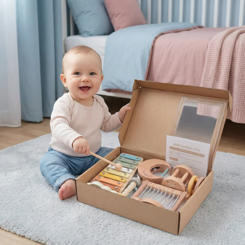 Drewniany zestaw instrumentów dla niemowląt – 6-elementowa sensoryczna zabawka muzyczna i dźwiękowa