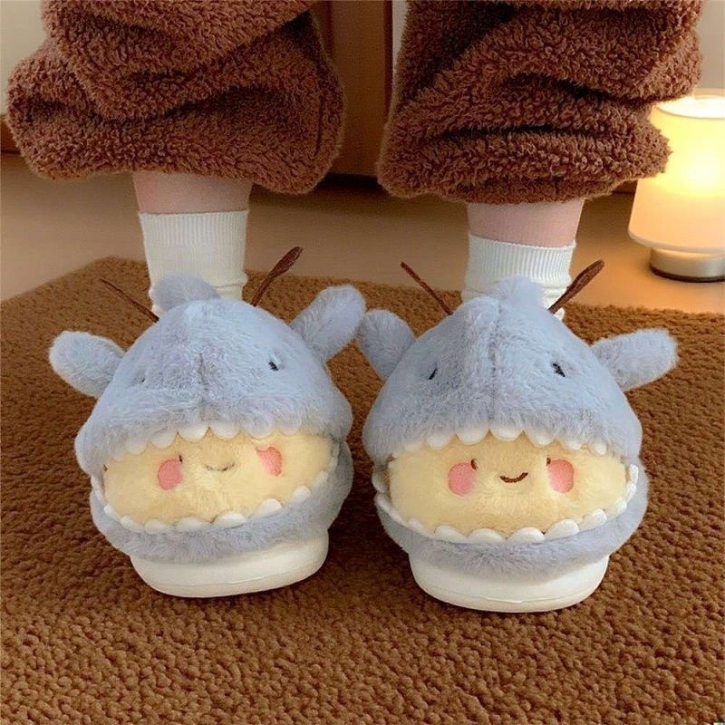 Cute Shark and Bee Couple Plush Cotton Slippers
