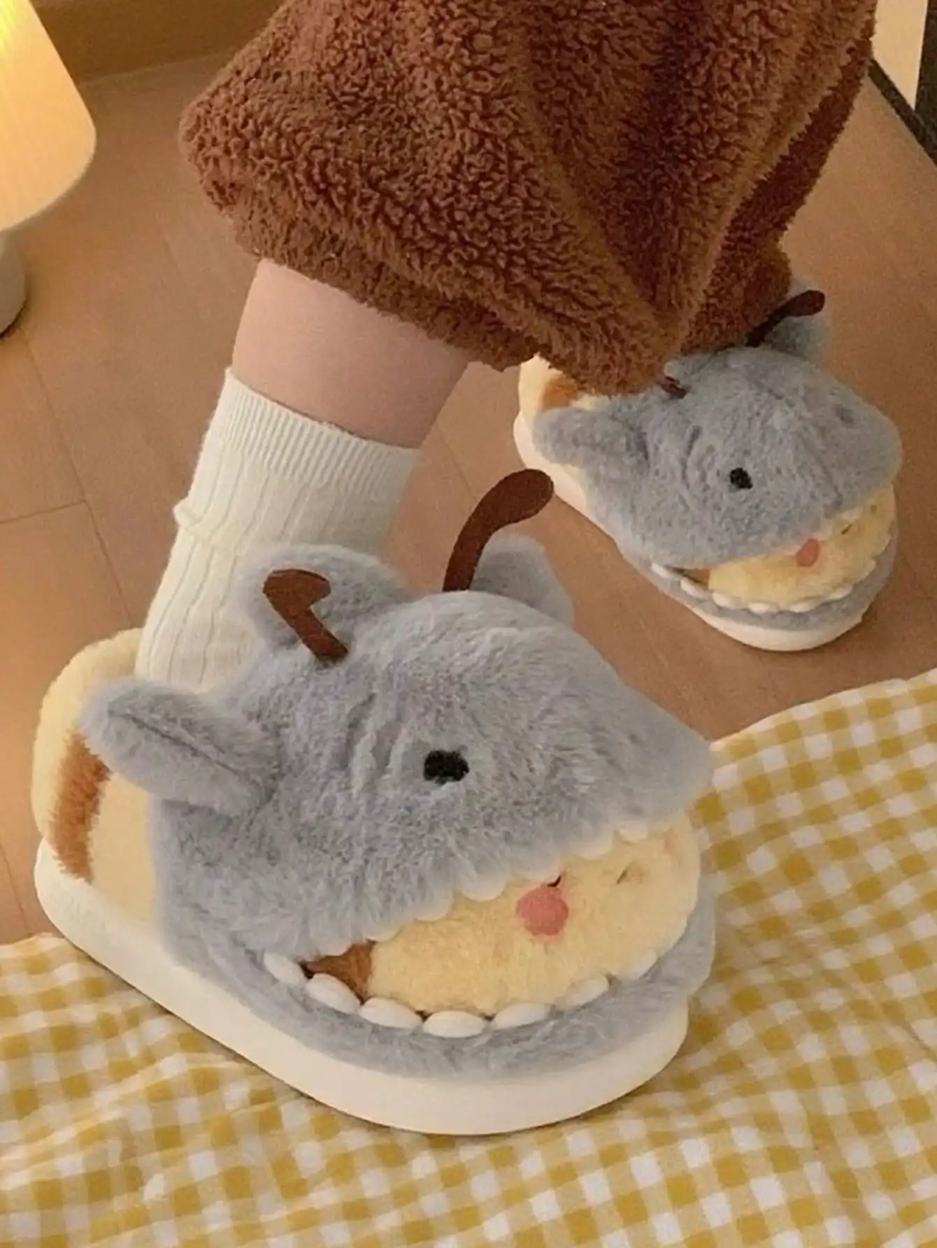 Cute Shark and Bee Couple Plush Cotton Slippers