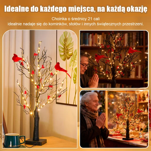 Mały czerwony ptaszek LED z czerwonymi jagodami na dekoracyjnym drzewku