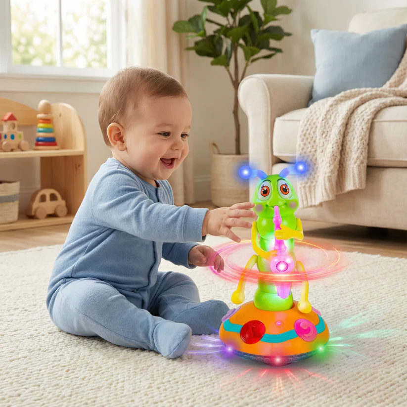 Muzyczna zabawka do raczkowania dla niemowląt | Wirująca gąsienica ze światłami i dźwiękiem do wczesnej nauki i zabawy w ruchu