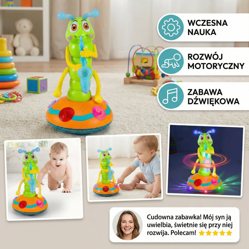 Muzyczna zabawka do raczkowania dla niemowląt | Wirująca gąsienica ze światłami i dźwiękiem do wczesnej nauki i zabawy w ruchu