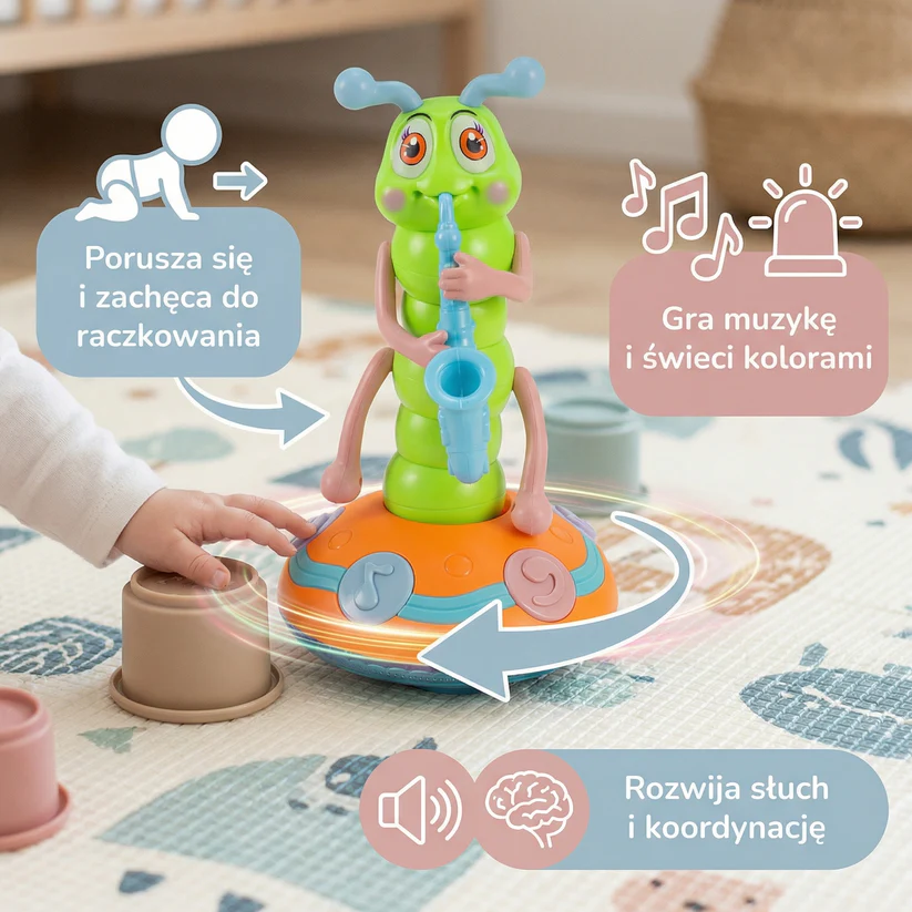 Muzyczna zabawka do raczkowania dla niemowląt | Wirująca gąsienica ze światłami i dźwiękiem do wczesnej nauki i zabawy w ruchu