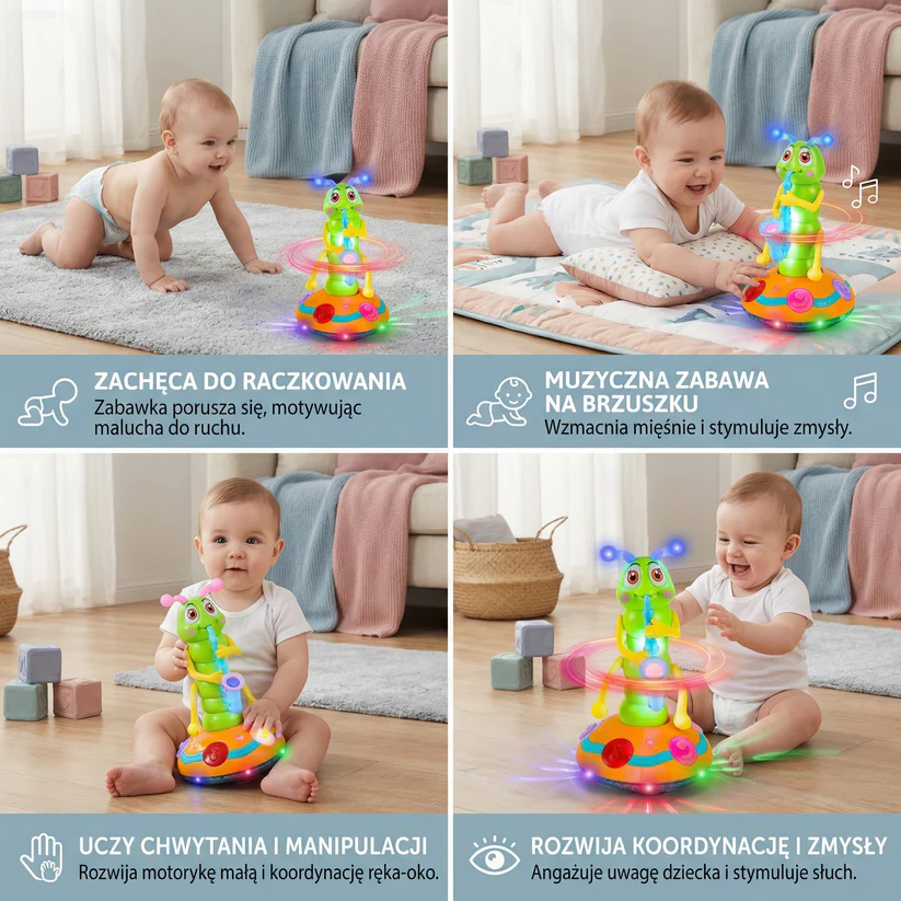 Muzyczna zabawka do raczkowania dla niemowląt | Wirująca gąsienica ze światłami i dźwiękiem do wczesnej nauki i zabawy w ruchu