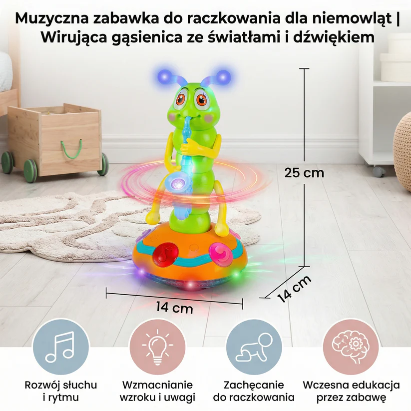 Muzyczna zabawka do raczkowania dla niemowląt | Wirująca gąsienica ze światłami i dźwiękiem do wczesnej nauki i zabawy w ruchu