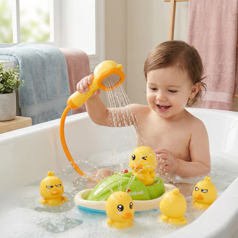 Zestaw zabawek do kąpieli dla niemowląt | Zabawne kaczki tryskające wodą z motorówką do interaktywnej zabawy w kąpieli