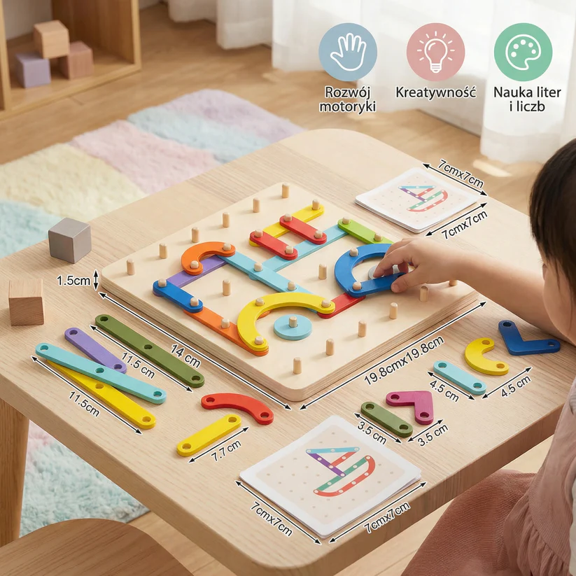 Puzzle Montessori z kołkami dla dzieci ⎜ Kreatywna zabawka do dopasowywania kształtów z literami i cyframi do nauki wczesnej.