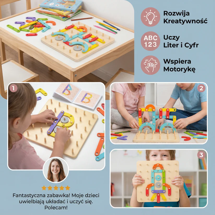 Puzzle Montessori z kołkami dla dzieci ⎜ Kreatywna zabawka do dopasowywania kształtów z literami i cyframi do nauki wczesnej.