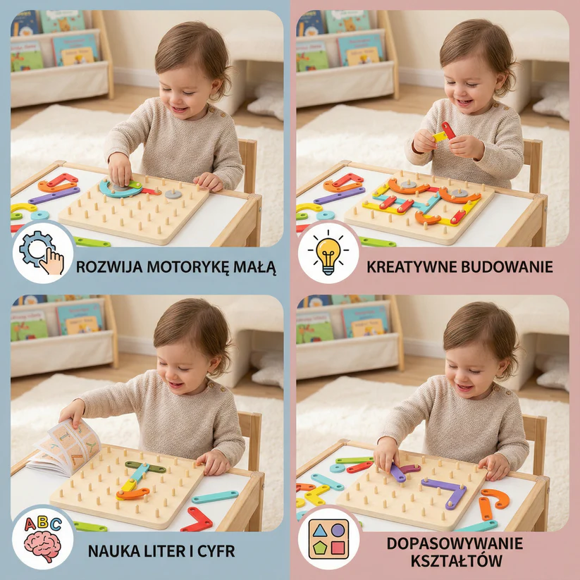 Puzzle Montessori z kołkami dla dzieci ⎜ Kreatywna zabawka do dopasowywania kształtów z literami i cyframi do nauki wczesnej.