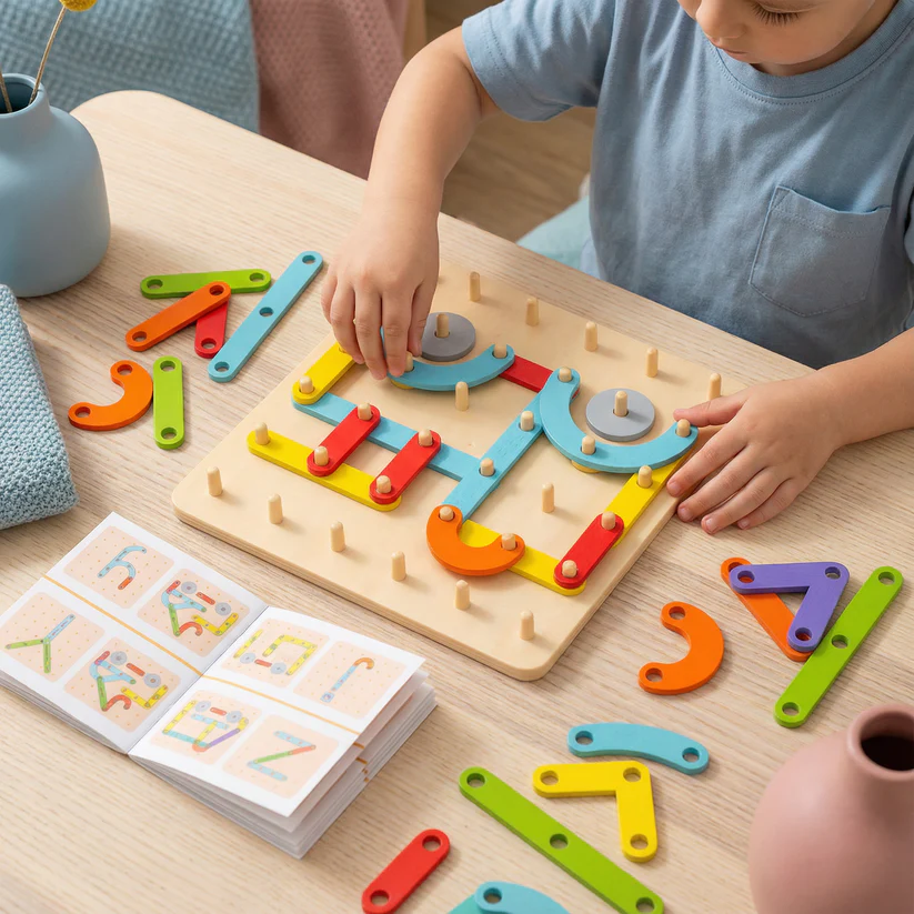 Puzzle Montessori z kołkami dla dzieci ⎜ Kreatywna zabawka do dopasowywania kształtów z literami i cyframi do nauki wczesnej.