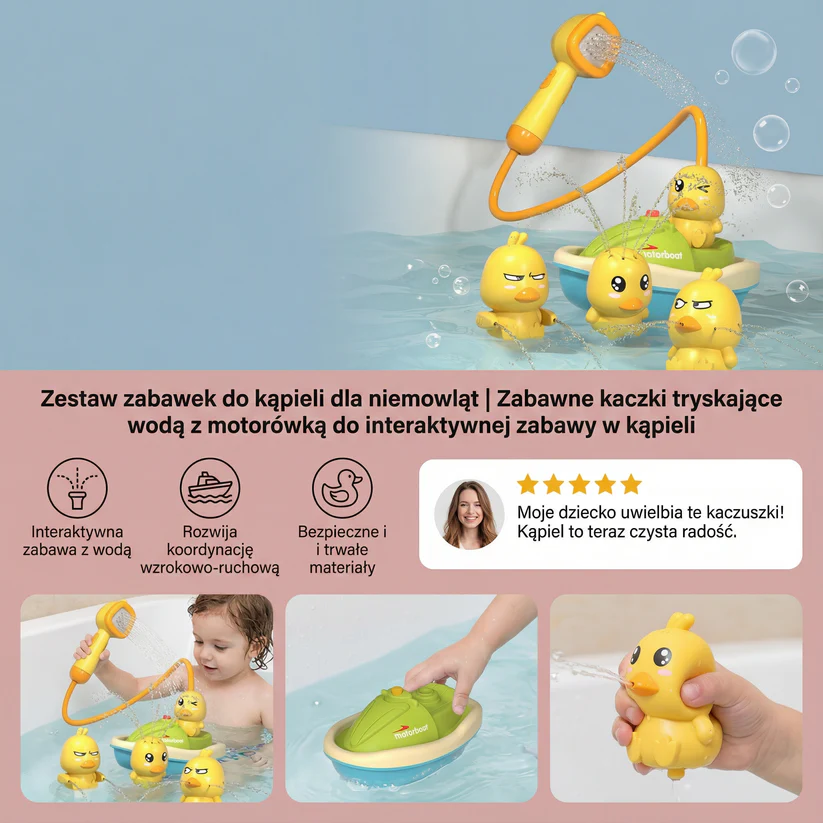 Zestaw zabawek do kąpieli dla niemowląt | Zabawne kaczki tryskające wodą z motorówką do interaktywnej zabawy w kąpieli