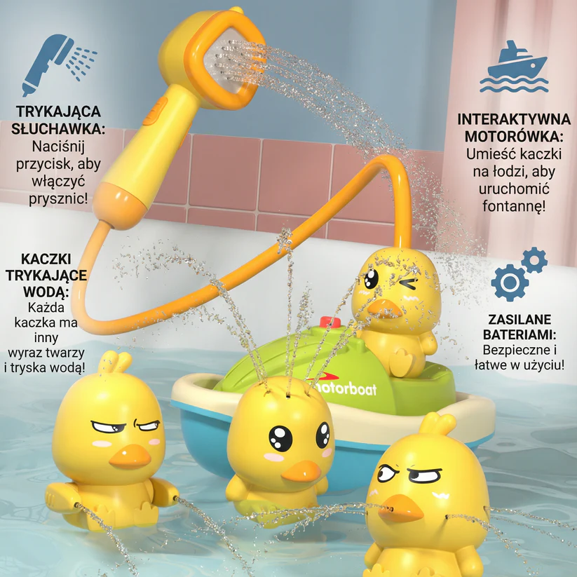 Zestaw zabawek do kąpieli dla niemowląt | Zabawne kaczki tryskające wodą z motorówką do interaktywnej zabawy w kąpieli