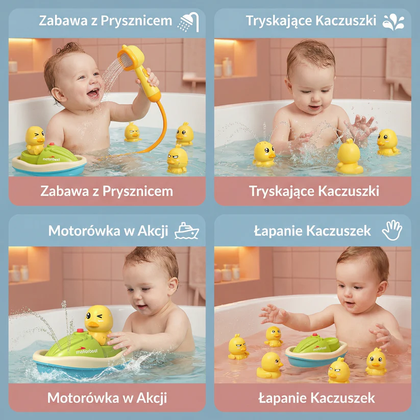 Zestaw zabawek do kąpieli dla niemowląt | Zabawne kaczki tryskające wodą z motorówką do interaktywnej zabawy w kąpieli