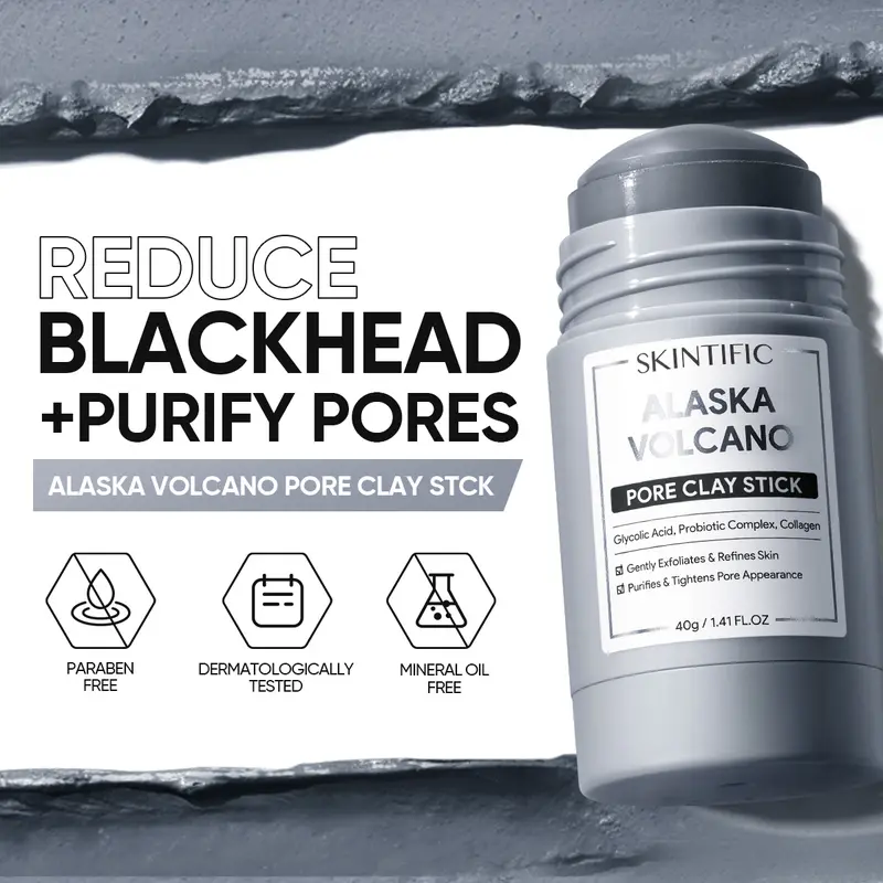 SKINTIFIC Alaska Volcano Pore Clay Stick Cleansing Blackhead Remover Face Mask Stick with Natural Clay Gentle Exfoliating Smoothing Skin Non-Drying Skincare-9SLL