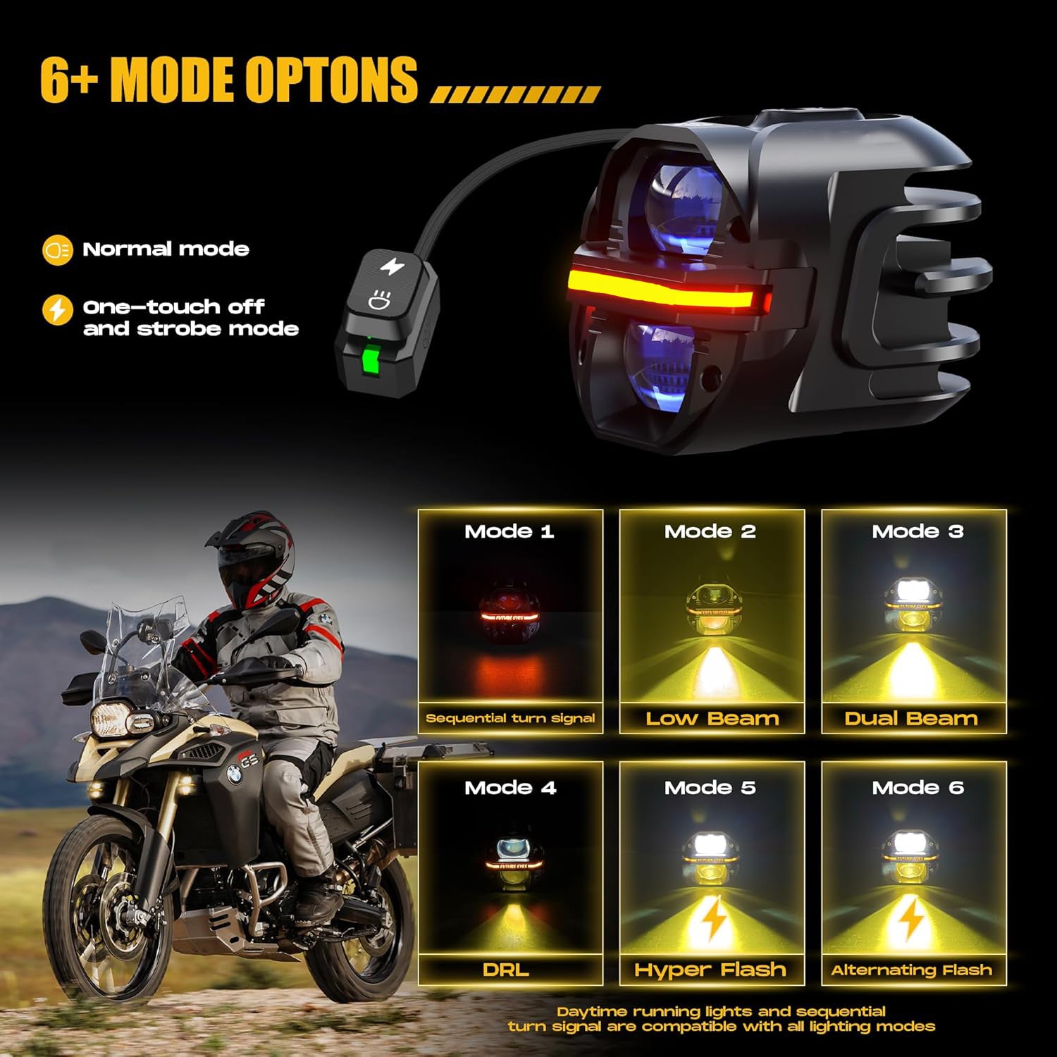 Motorcycle Fog Light | 120W LED Amber Auxiliary Light Bar | DRL & Strobe | IP67 Waterproof