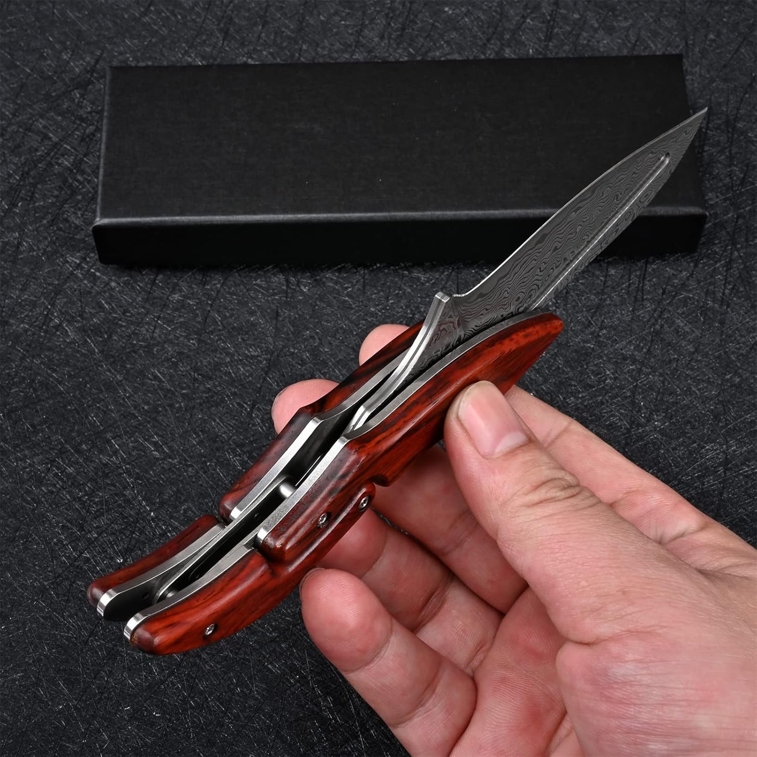 Damascus Steel Folding Knife - Yellow Sandalwood Handle Mechanical Lock Outdoor Camping Survival Knife