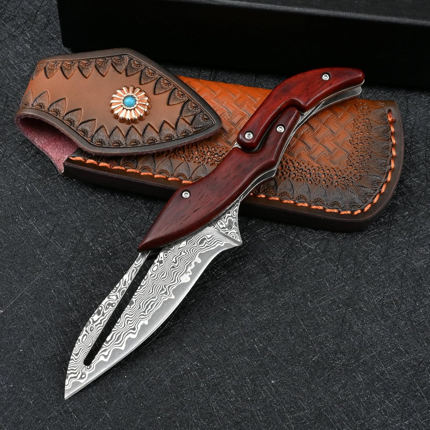 Damascus Steel Folding Knife - Yellow Sandalwood Handle Mechanical Lock Outdoor Camping Survival Knife