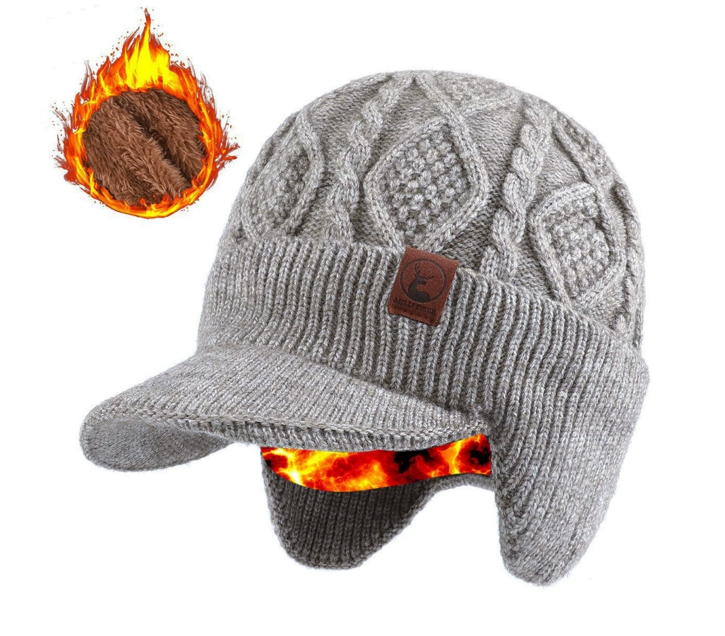 Плюшена топла унисекс шапка с подплата от кожа, стилна шапка за дейности на открито, дебела плетена ски шапка с уши