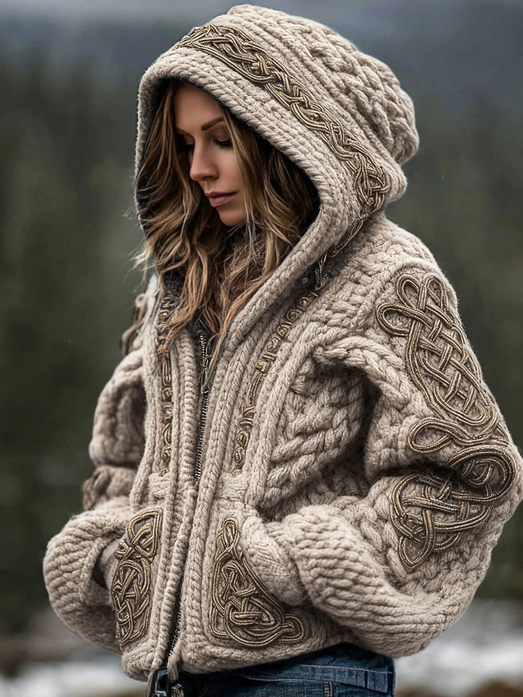 Női Viking Kelta Knot Cozy Meleg Kötésű, Teljes Cipzáras Kapucnis Pulóver