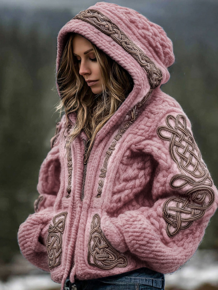 Női Viking Kelta Knot Cozy Meleg Kötésű, Teljes Cipzáras Kapucnis Pulóver