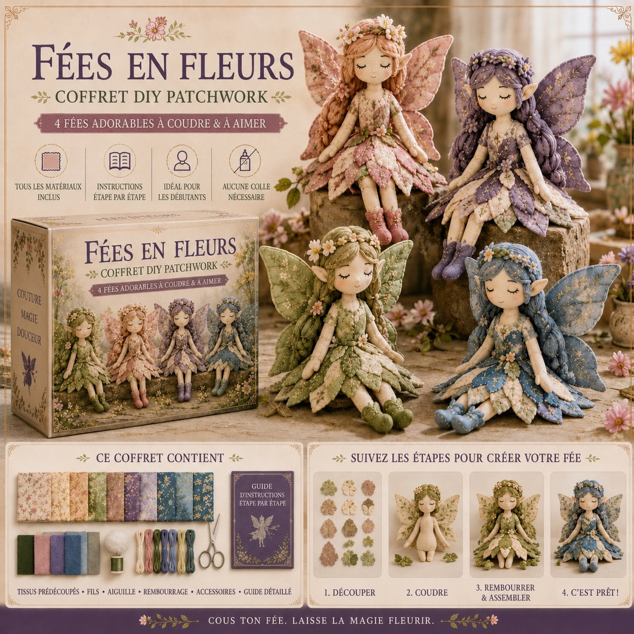 🧚‍♀️ 50% DE RÉDUCTION – Kit DIY de patchwork féerique – 4 fées uniques – adapté aux débutants