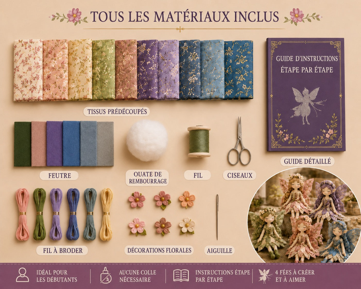 🧚‍♀️ 50% DE RÉDUCTION – Kit DIY de patchwork féerique – 4 fées uniques – adapté aux débutants