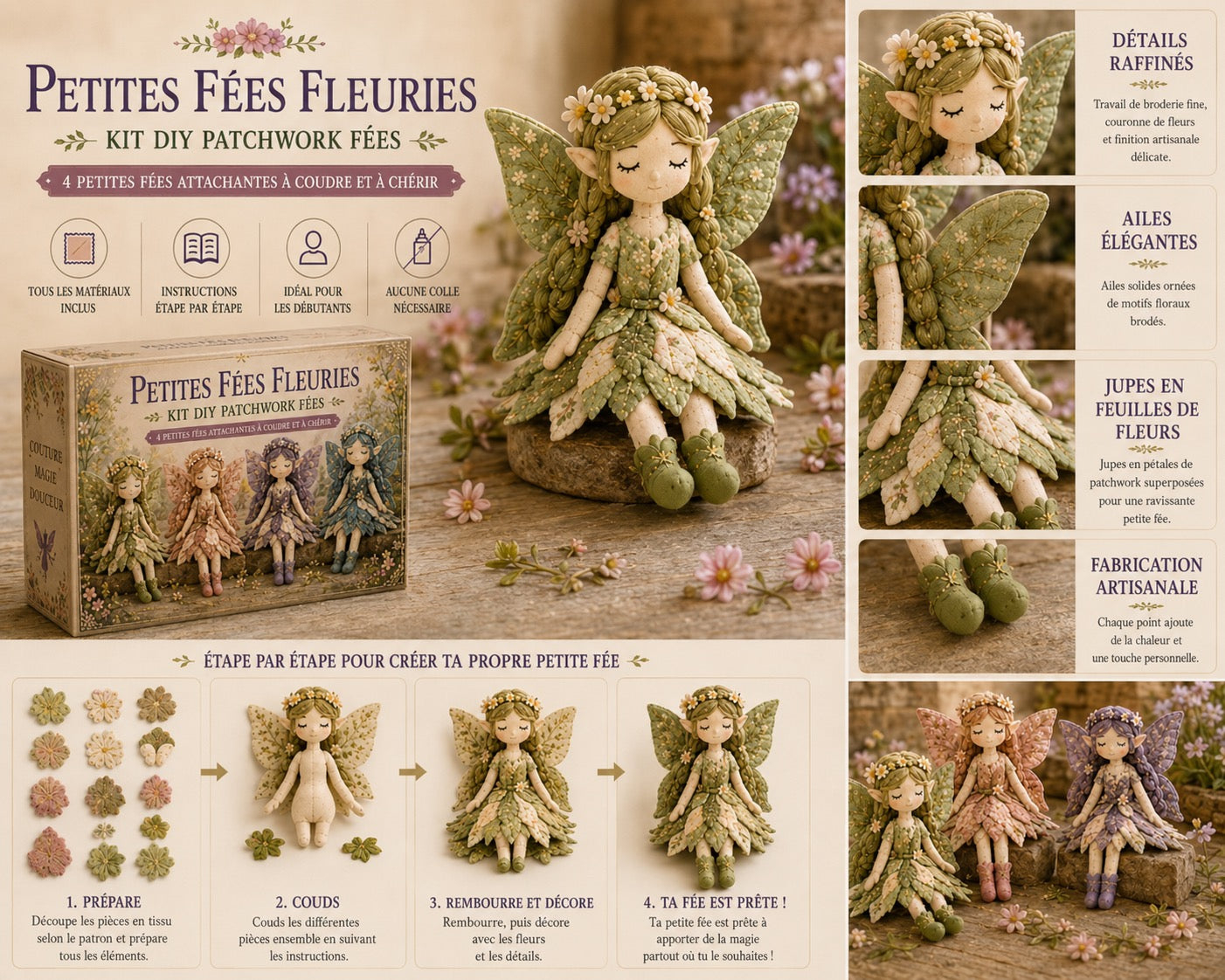 🧚‍♀️ 50% DE RÉDUCTION – Kit DIY de patchwork féerique – 4 fées uniques – adapté aux débutants
