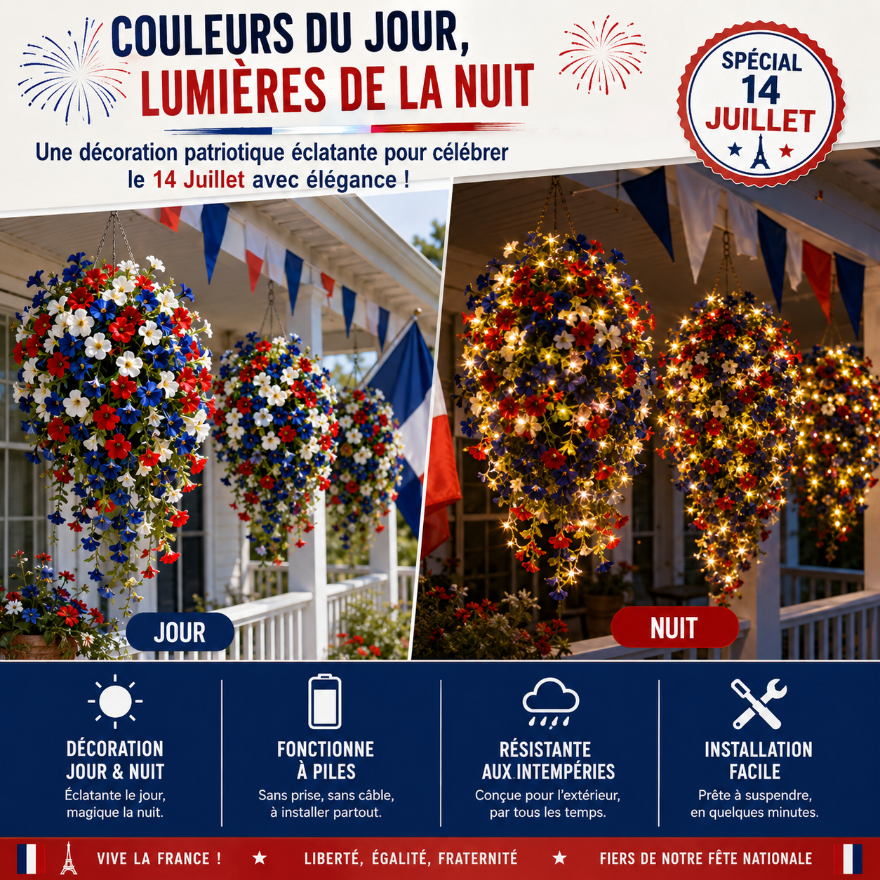 ✨ Offre Exclusive 14 Juillet 🇫🇷 Fleurs Tricolores pour Décorer Terrasse, Balcon & Jardin 💙🤍❤️