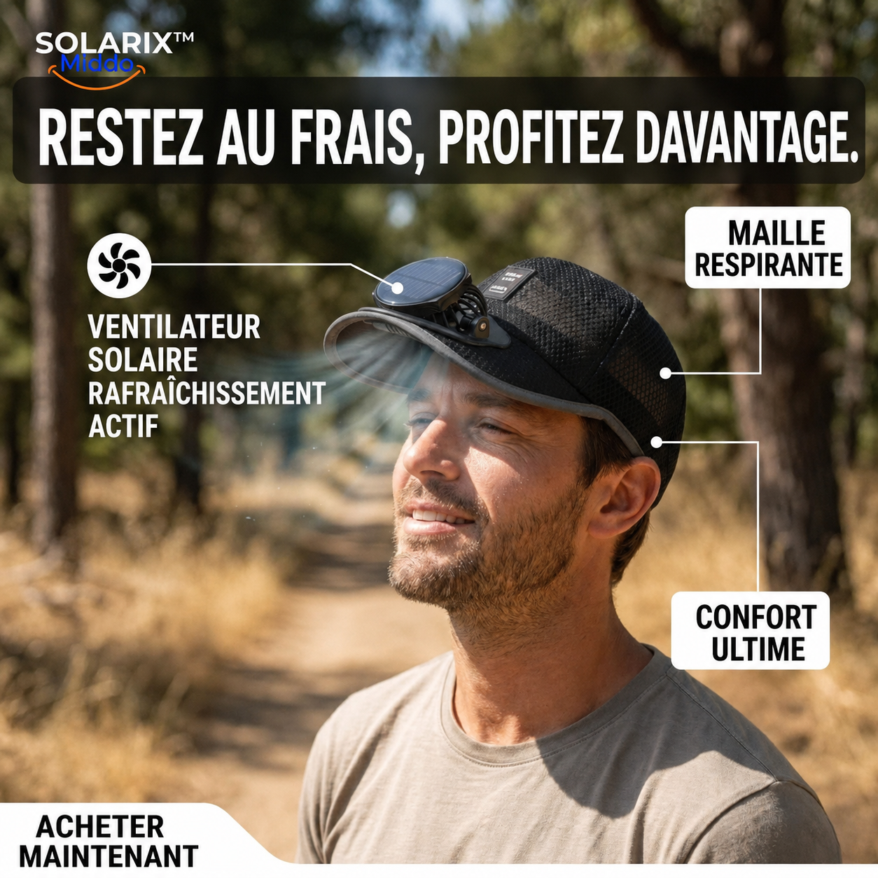 Casquette ventilée solaire – Chapeau rafraîchissant anti-UV USB & solaire