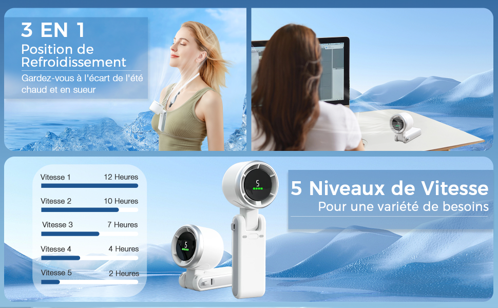 Système de ventilation électrique à 5 niveaux de vitesse affichés en blanc, avec positions de refroidissement et réglages de minuterie affichés en texte français.