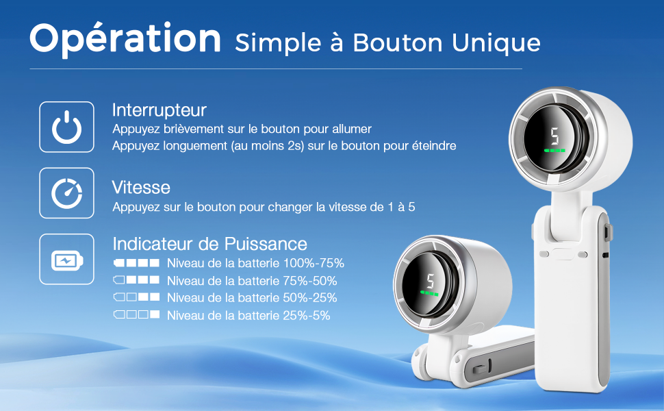 montrant l'interface de fonctionnement à bouton unique avec indicateur d'alimentation et réglages de vitesse pour un appareil électronique blanc