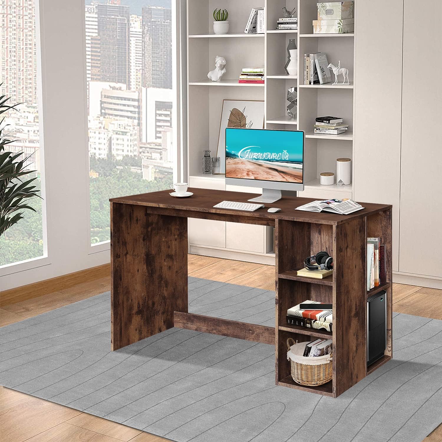 FurnitureR Escritorio para Computadora de Oficina con Almacenamiento Escritorio de Trabajo y Estudio con 5 Estantes Mesa Portátil para Estudiantes Escritorio de Escritura Moderno Haya y Blanco-Bolígrafo de carbono metálico, bolígrafo de firma negro.