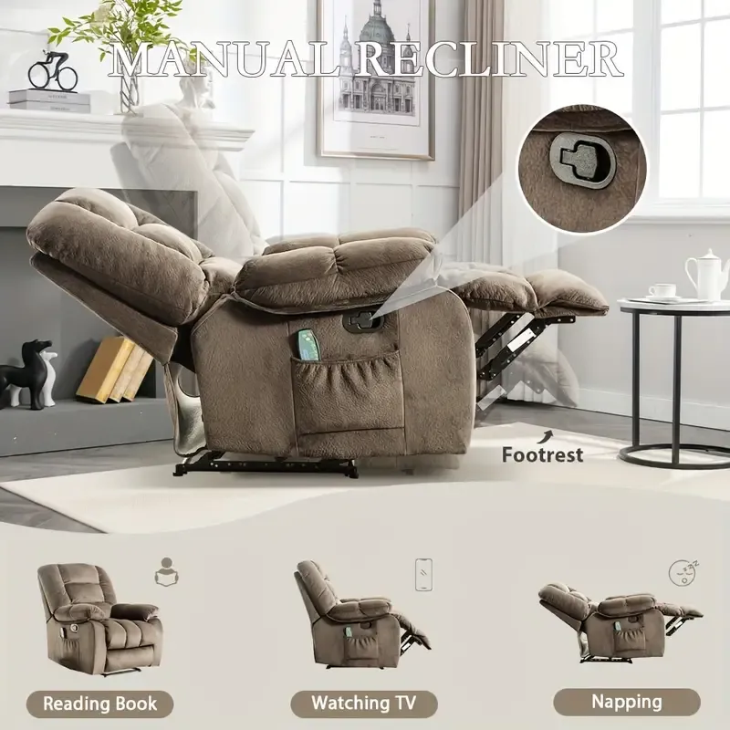 Silla de poder individual - Sillón elevador con función de masaje de cuerpo completo y calor - Sillón de salón ergonómico, cómodo y acolchado con bolsa de almacenamiento lateral, marrón