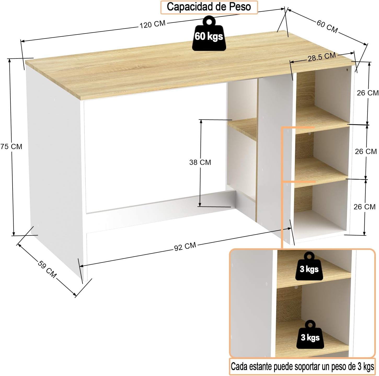 FurnitureR Escritorio para Computadora de Oficina con Almacenamiento Escritorio de Trabajo y Estudio con 5 Estantes Mesa Portátil para Estudiantes Escritorio de Escritura Moderno Haya y Blanco-Bolígrafo de carbono metálico, bolígrafo de firma negro.