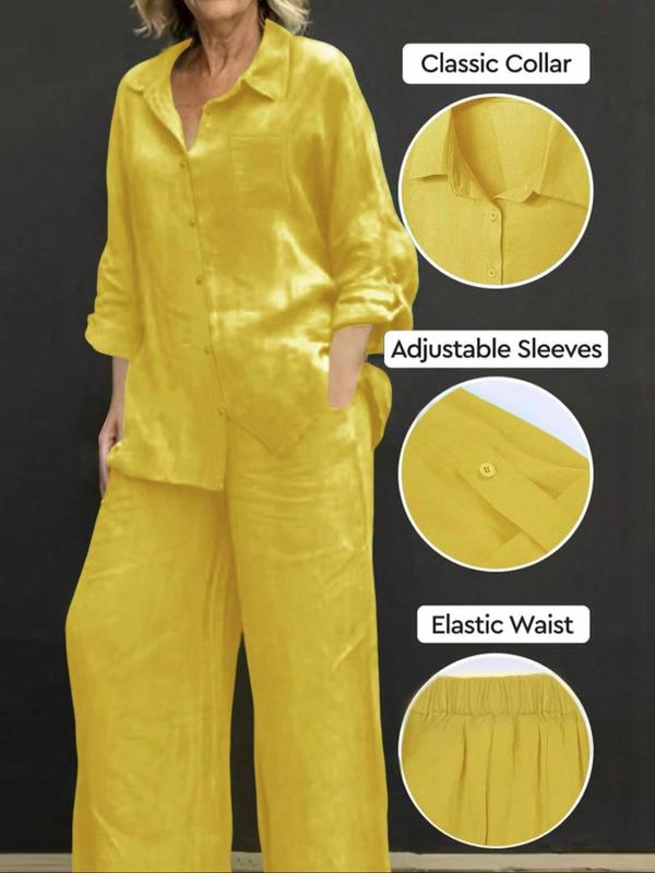 Conjunto de camisa lisa y pantalones de pierna ancha para mujer: atuendo de dos piezas, casual, cómodo y transpirable, ideal para uso diario al aire libre; ropa femenina para primavera y otoño.
