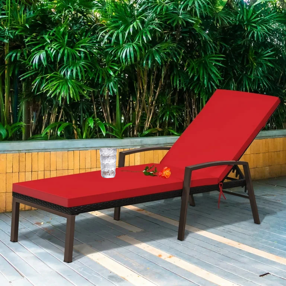 Costway Tumbona en Ratán Regulable para Patio Silla Reclinable de Exterior con Cojín para Jardín Balcón Piscina Rojo 193 x 61 x 36-96 cm Costway Modern-taza
