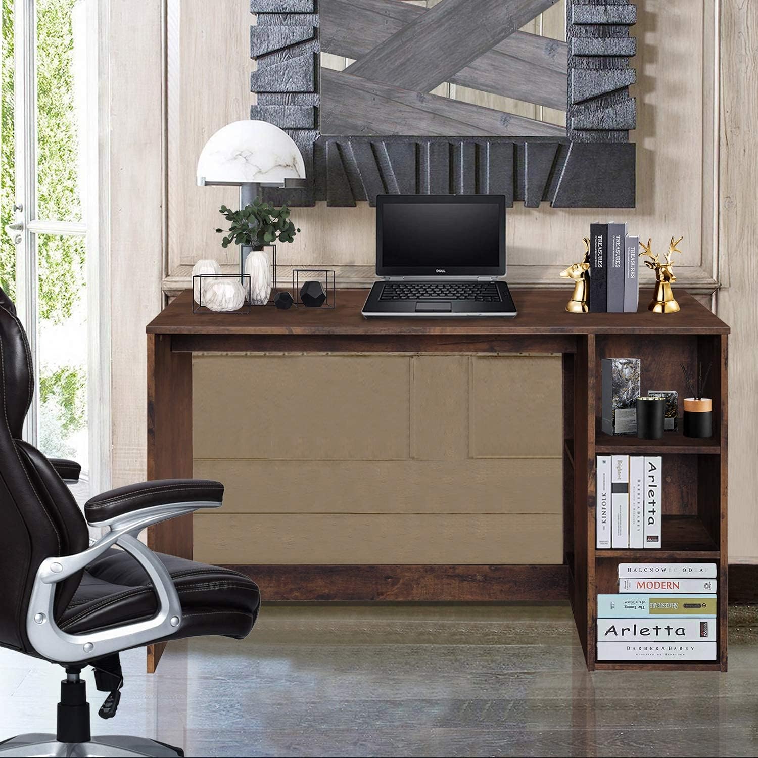 FurnitureR Escritorio para Computadora de Oficina con Almacenamiento Escritorio de Trabajo y Estudio con 5 Estantes Mesa Portátil para Estudiantes Escritorio de Escritura Moderno Haya y Blanco-Bolígrafo de carbono metálico, bolígrafo de firma negro.