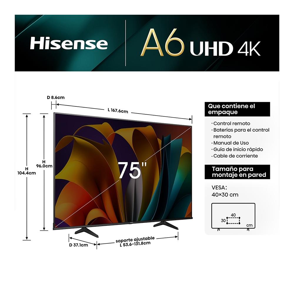 TV Hisense 75 pulgadas 4K Ultra HD Smart TV LED 75A6NV