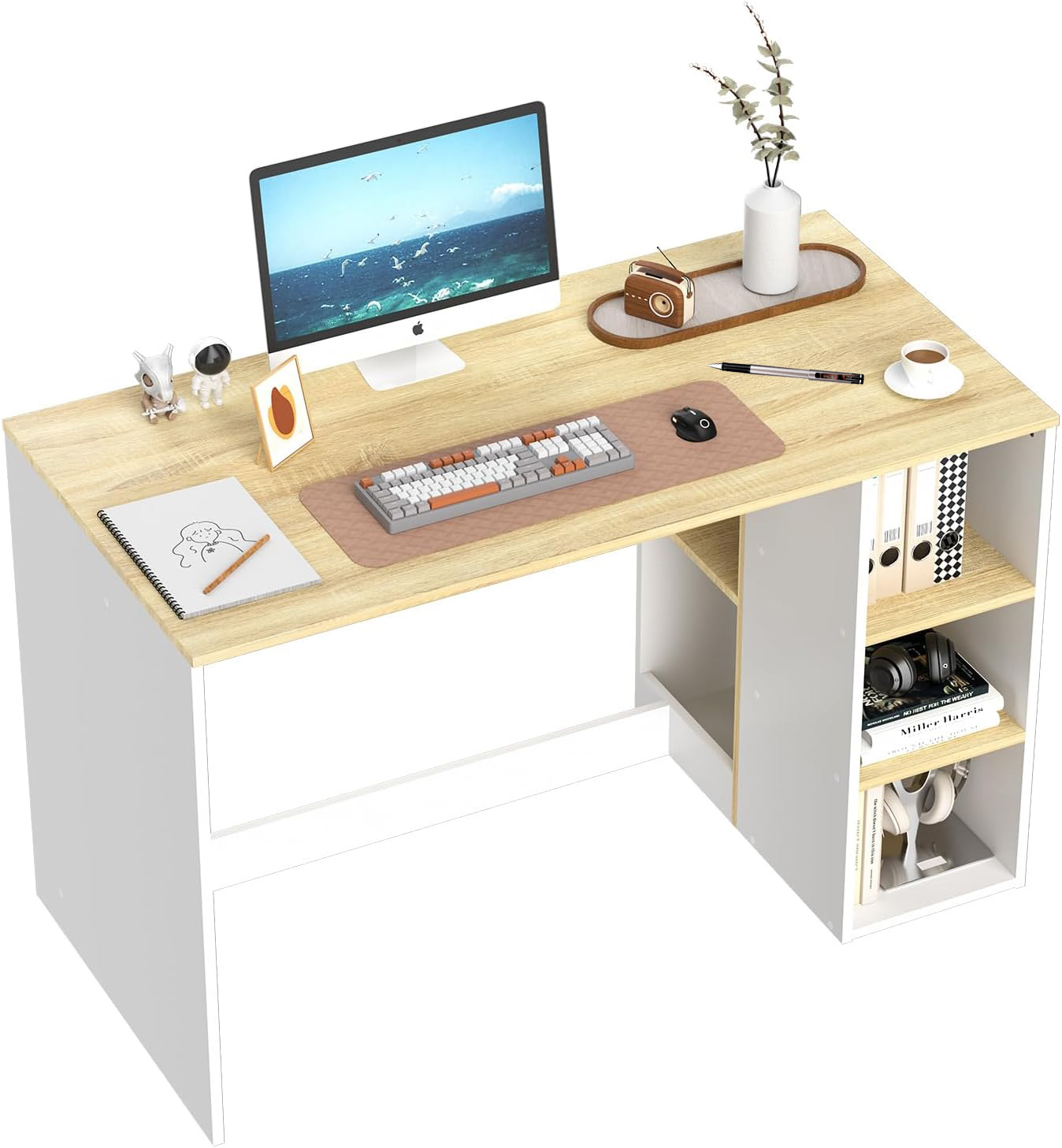 FurnitureR Escritorio para Computadora de Oficina con Almacenamiento Escritorio de Trabajo y Estudio con 5 Estantes Mesa Portátil para Estudiantes Escritorio de Escritura Moderno Haya y Blanco-Bolígrafo de carbono metálico, bolígrafo de firma negro.