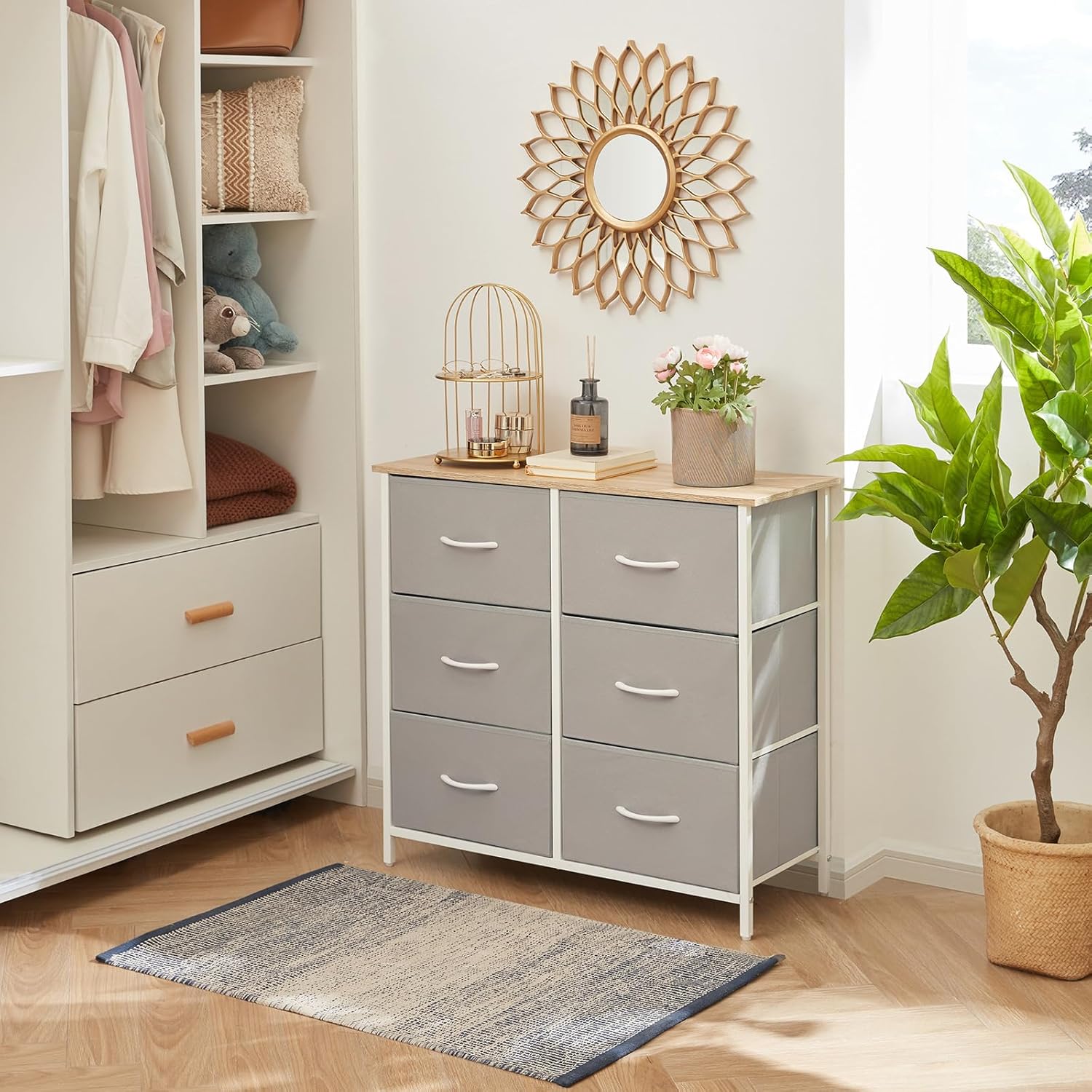 Lifewit Cómoda para Dormitorio, Cómoda de 6 Cajones de Tela, Módulo de Almacenaje para Armario, Salón, Pasillo, Dormitorio, Oficina, Estructura de Acero y Tablero de Madera, Gris Claro