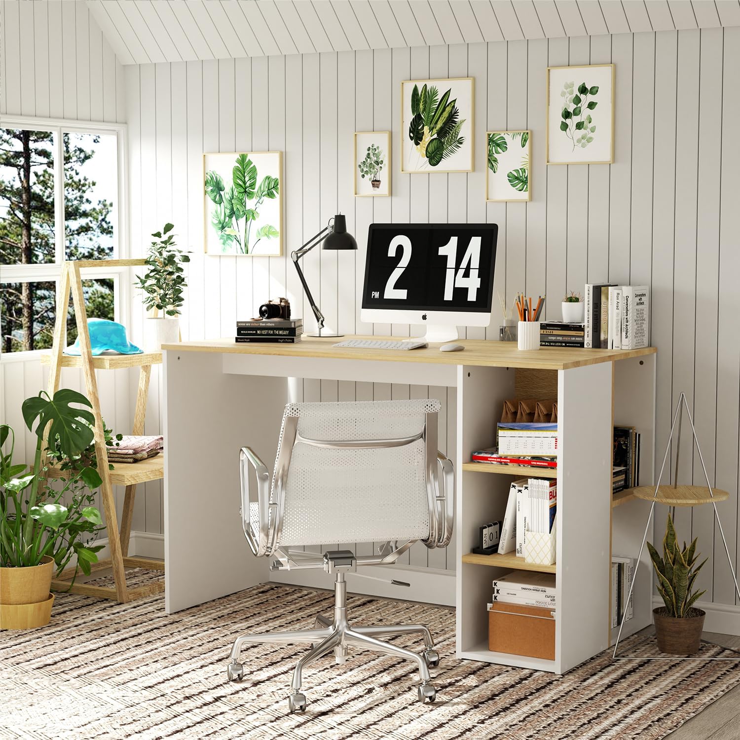 FurnitureR Escritorio para Computadora de Oficina con Almacenamiento Escritorio de Trabajo y Estudio con 5 Estantes Mesa Portátil para Estudiantes Escritorio de Escritura Moderno Haya y Blanco-Bolígrafo de carbono metálico, bolígrafo de firma negro.